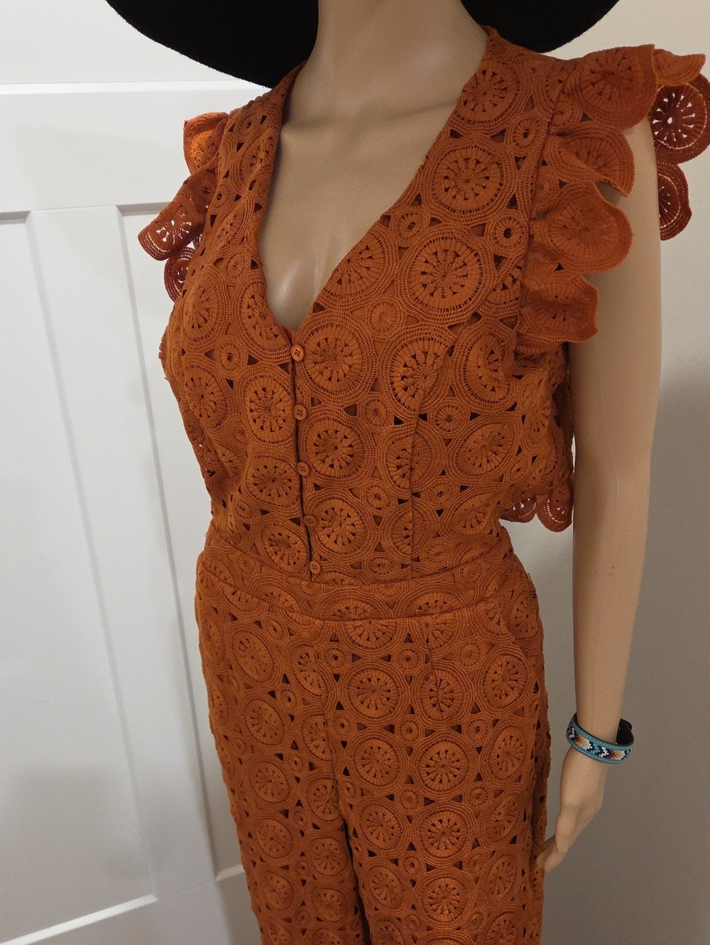 Skies Are Blue Orange Eyelet Lace Jumpsuit